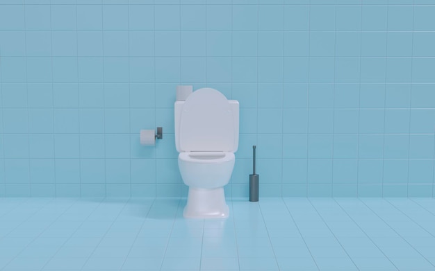 Cuvette de toilette blanche ouverte en céramique avec du papier toilette et une brosse dans les toilettes avec des carreaux bleu clair