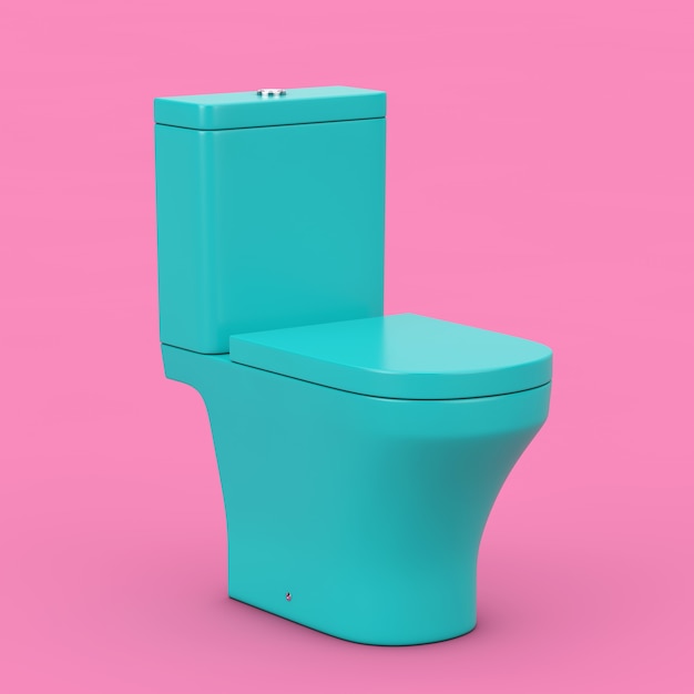 Cuvette de toilette en céramique bleue moderne de style bicolore sur fond rose. Rendu 3D