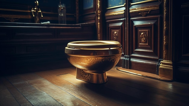 Cuvette de toilette dorée dans une pièce avec mur en bois et ai générative au sol