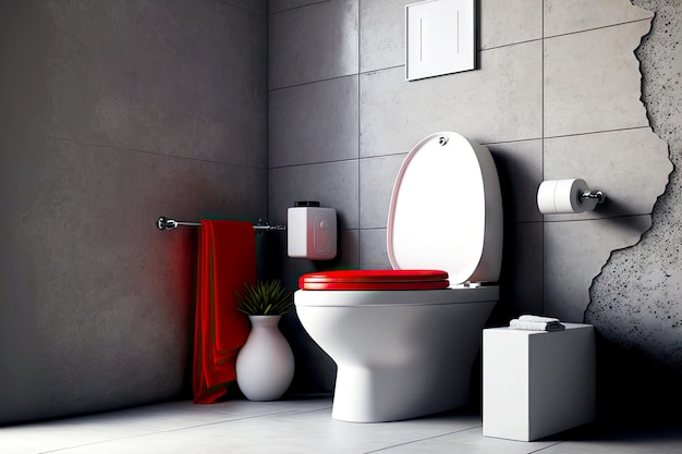 Cuvette de toilette en porcelaine blanche avec siège rouge contre mur gris