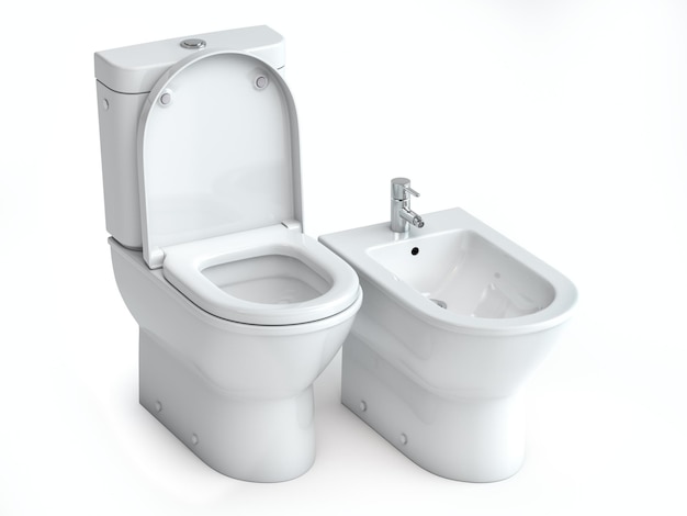 Cuvette des toilettes et bidet sur fond blanc isolé