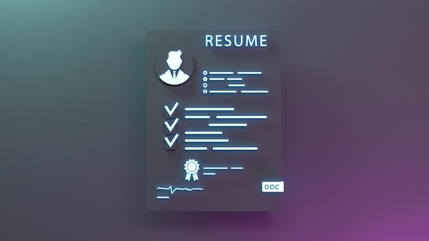 CV candidat icône néon concept de recherche de personnel illustration de rendu 3d