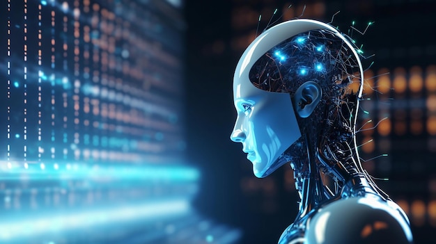 Cyber-analyse masculine Big Data Interface mentale numérique futuriste Circuit néon généré par l'IA