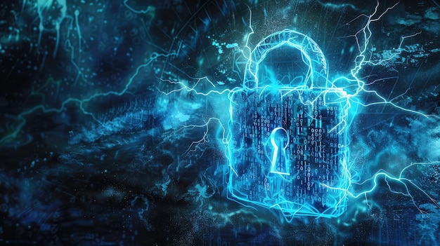 Cyber bleu chaud cadenas sur abstrait fond de données sombres protection numérique de l'information informatique Concept de verrouillage sécurisé confidentialité sécurité du réseau éclair