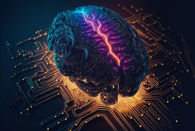 Cyber-cerveau d'Intelligence Artificielle Fils et circuit attaché Vie futuriste AI générative