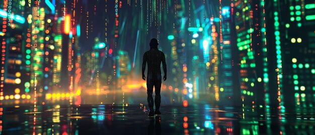 Cyber Cityscape combinaison en nanofibre métropole animée d'hologrammes au néon pluie de lignes de code binaire photographie de pluie virtuelle aberration chromatique mouvement flou prise de silhouette