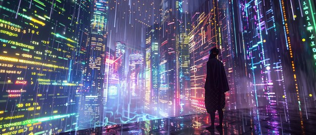 Cyber Cityscape combinaison en nanofibre métropole animée d'hologrammes au néon pluie de lignes de code binaire photographie de pluie virtuelle aberration chromatique mouvement flou prise de silhouette