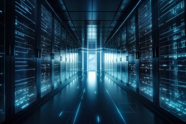 Cyber Data Center Neon Server Room avec technologie futuriste