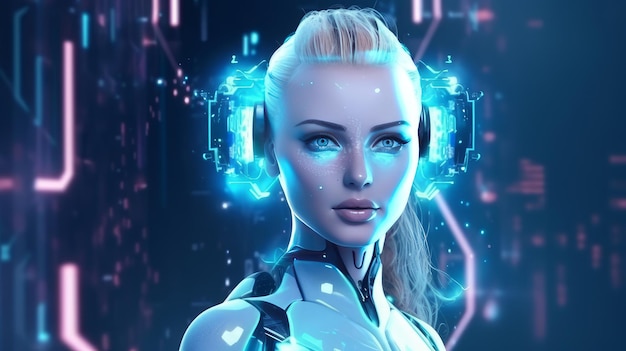 Une cyber-fille humanoïde dans des technologies numériques virtuelles dans la lumière néon un robot futuriste dans un rendu 3D