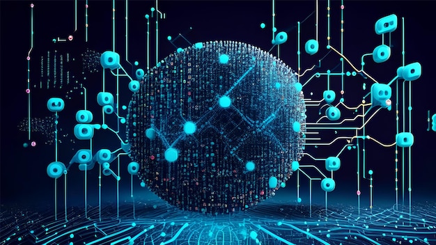 Cyber flux de données volumineuses Champs de données Blockchain Ligne réseau flux de connexion Concept de technologie AI