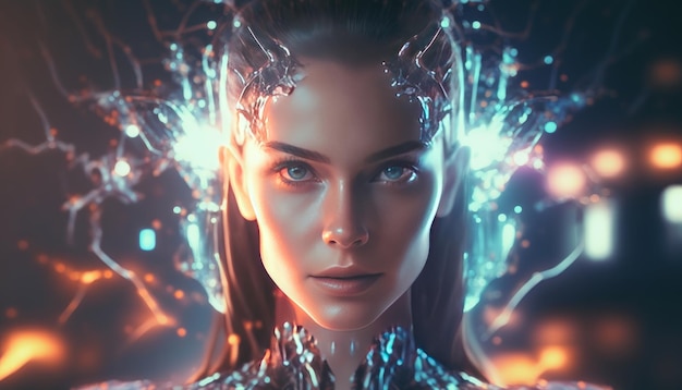 Cyber girl close up Gros plan fille avec cyber et futuriste Generative AI