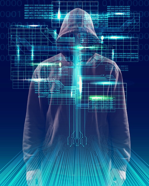 Cyber hacker à capuche sur fond d'icônes