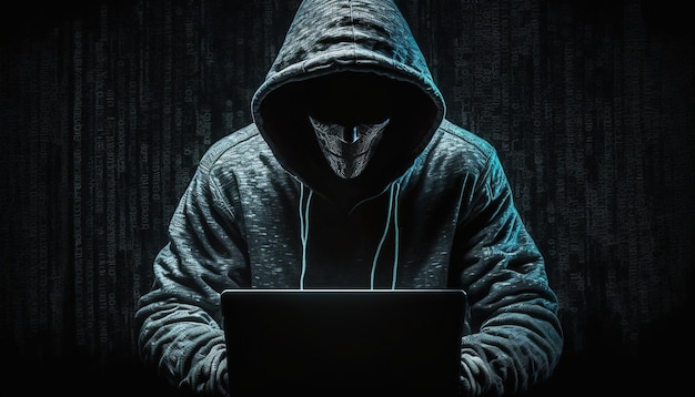 Cyber hacker dans un sweat à capuche sombre avec un ordinateur portable sans visage AI générative