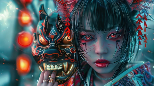 Cyber jeune fille asiatique robe de style traditionnel kimono fond papier peint image générée par l'IA