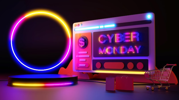 Cyber Monday Neon light shopping en ligne. rendu 3D