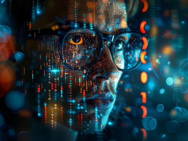 Cyber professionnel homme sérieux en lunettes entouré d'une lueur futuriste le concept de virtuel