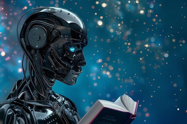 Photo un cyber-robot feuilletez un livre et transfère des informations à un ordinateur mondial