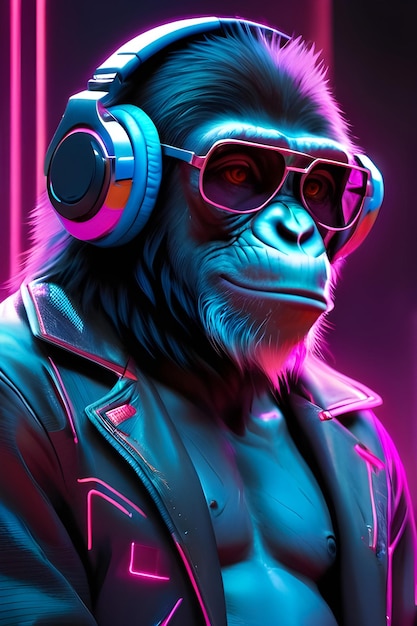 Photo cyber singe portant des lunettes de soleil, des écouteurs, un dessin numérique, un chimpanzé funky dans le style cyberpunk