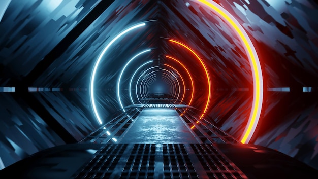 Cyber Tunnel SciFi design d'intérieur couloir de vaisseau spatial futuriste illuminé Neon Orange Red Blue