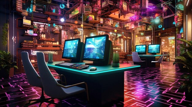 Un cybercafé souterrain avec un décor rétrofuturiste et des jeux NFT