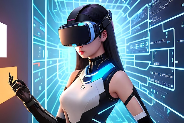 Une cyberfemme futuriste dans une base de données avec un casque VR