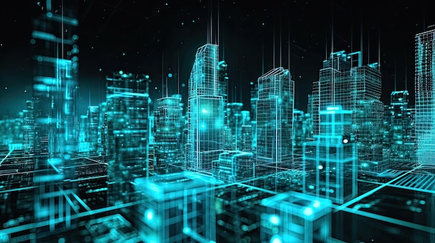 Cybernetic ville Antidesign corporation néon progrès art hologramme abstrait gratte-ciel cyberpunk piratage réalité virtuelle matrice futurisme généré par AI
