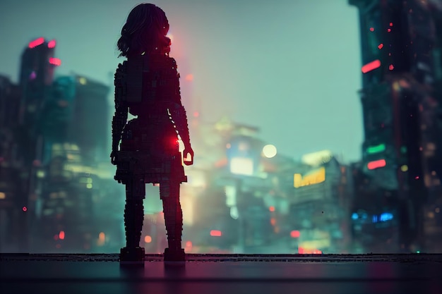 Cyberpunk belle fille avec le corps du constructeur de lego Cyberpunk metaverse fond de ville de nuit