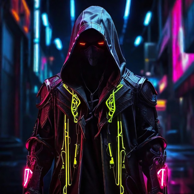 Cyberpunk avec cape, cape au néon, ville des assassins, credo