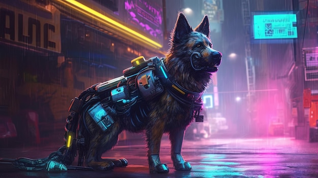 Photo cyberpunk dog fantasy concept illustration peinture ia générative