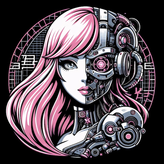 Photo cyberpunk femme robotic cyborge les cheveux sont roses