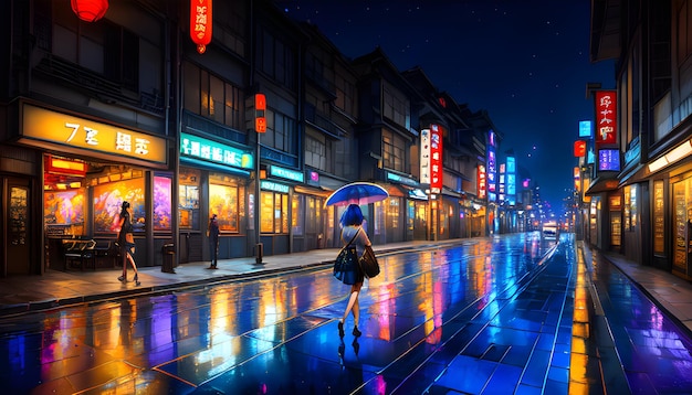 Cyberpunk future city street lumières nocturnes animées AI générative