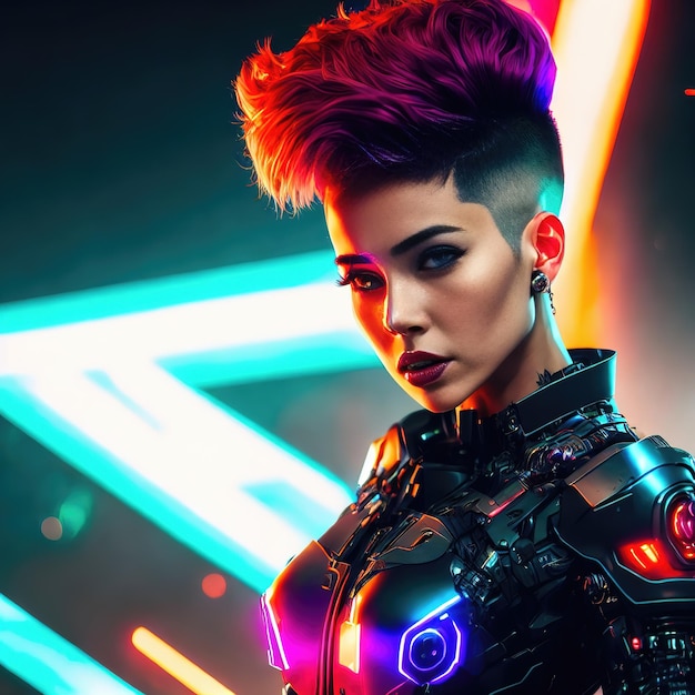 Cyberpunk future technologie cyborg robot punk femme aux cheveux courts art génératif par AI