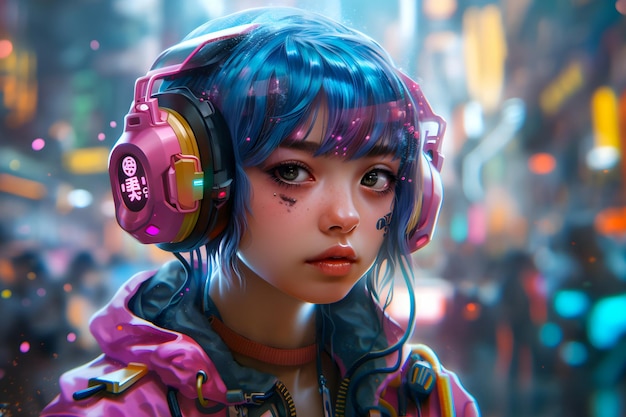 Cyberpunk girl futur portrait adolescent asiatique illustration cybernétique