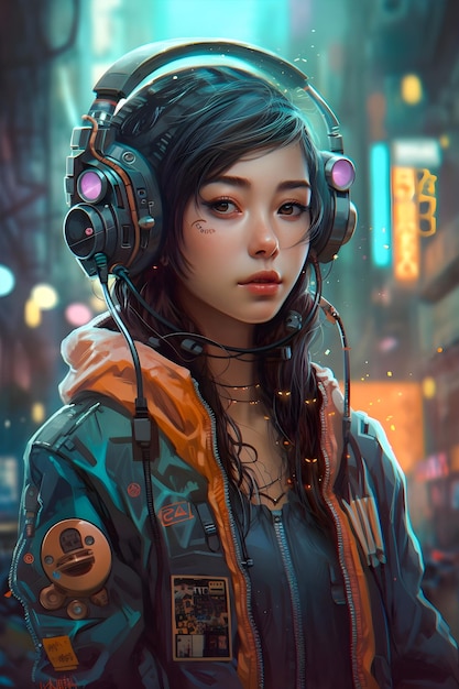 Cyberpunk girl futur portrait adolescent asiatique illustration cybernétique