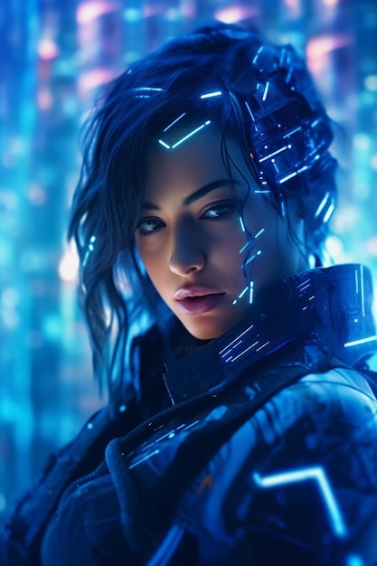 Cyberpunk Girl in Futuristic City Néons avec technologie futuriste