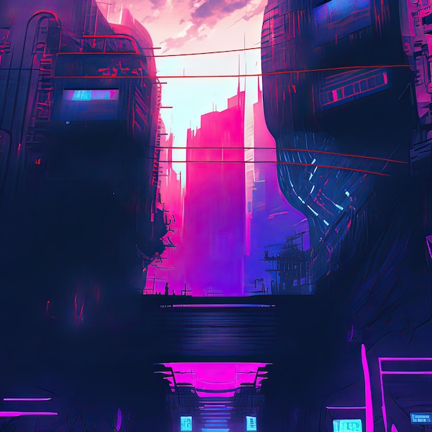 Cyberpunk Industrial Abstract Future Wallpaper Concept futuriste Soirée rose Paysage urbain Illustration 3D