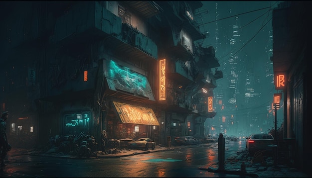 Cyberpunk Night city street dans le brouillard avec des enseignes au néon Generative AI