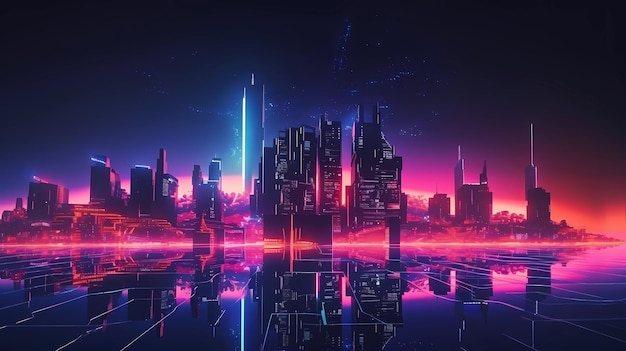 Cyberpunk de la ville futuriste au néon avec la lune en arrière-plan ai générative