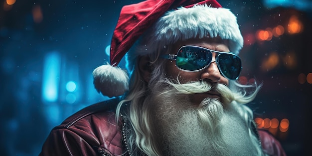 Cyberpunkstyle Santa Claus sombre et vêtu de vêtements en cuir stylisés avec des accessoires postapocalyptiques AI Generative AI