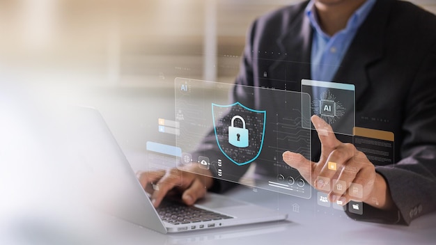 La cybersécurité et la confidentialité des réseaux à l'aide de l'intelligence artificielle pour protéger les données La technologie de l'IA est utilisée par un homme d'affaires pour protéger la gestion des données et l'information contre les cyberattaques