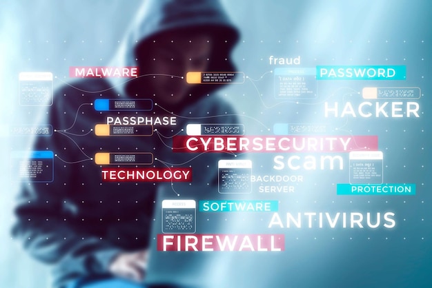 Photo cybersécurité cybercriminalité escroquerie sur internet pirate anonyme investissement en crypto-monnaie réseau numérique technologie vpn protection contre les risques d'attaque de virus informatique