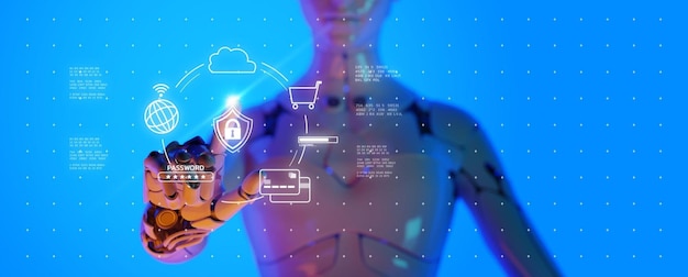 Cybersécurité paiement en ligne protection de la vie privée technologie numérique fond de technologie abstraite robot 3D AI codage données en nuage codage de mot de passe wifi et graphique de carte de crédit