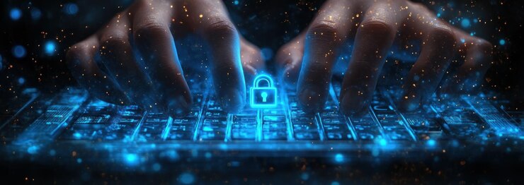 Photo cybersécurité et protection des données une main numérique tapant sur un clavier avec une icône de cadenas lumineuse
