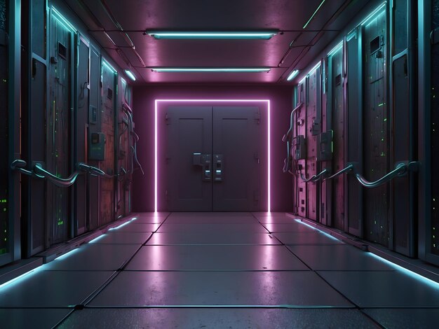 Cybersécurité sci-fi background technologique avec une vue perspective d'une pièce vide et une porte