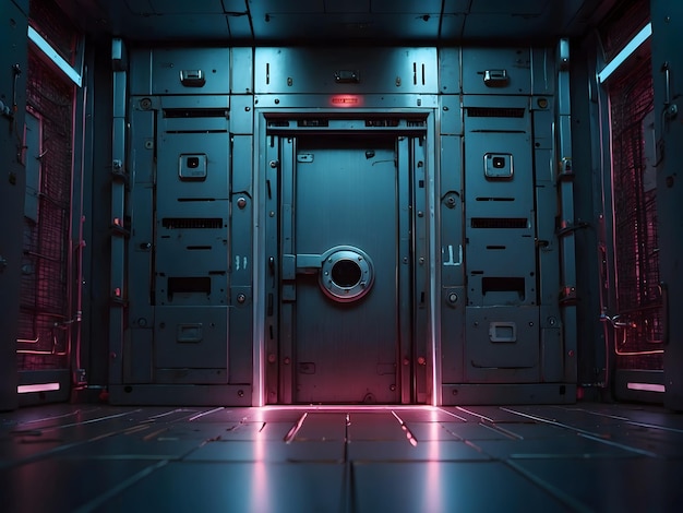 Cybersécurité sci-fi background technologique avec une vue perspective d'une pièce vide et une porte