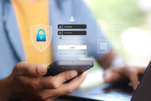 cybersécurité et sécurité mot de passe connexion en ligne concept de frappe à la main et d'entrée de nom d'utilisateur