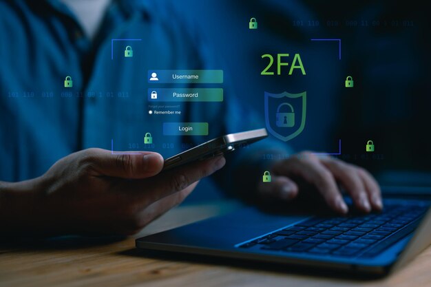 Cybersecurity and twofactor authentication 2FA concept A user logging in on a laptop with secure verification via mobile device online privacy data protection and secure login systems