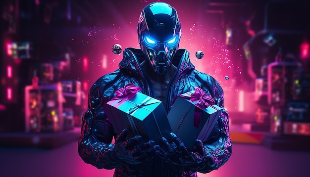 Cyborg avec des cadeaux du Cyber Monday à la lumière du néon