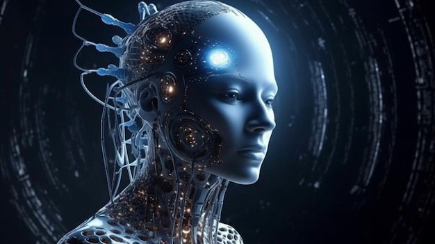 Cyborg avec cerveau brillant Concept d'intelligence artificielle