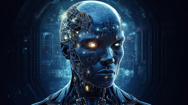 Cyborg avec cerveau brillant Concept d'intelligence artificielle